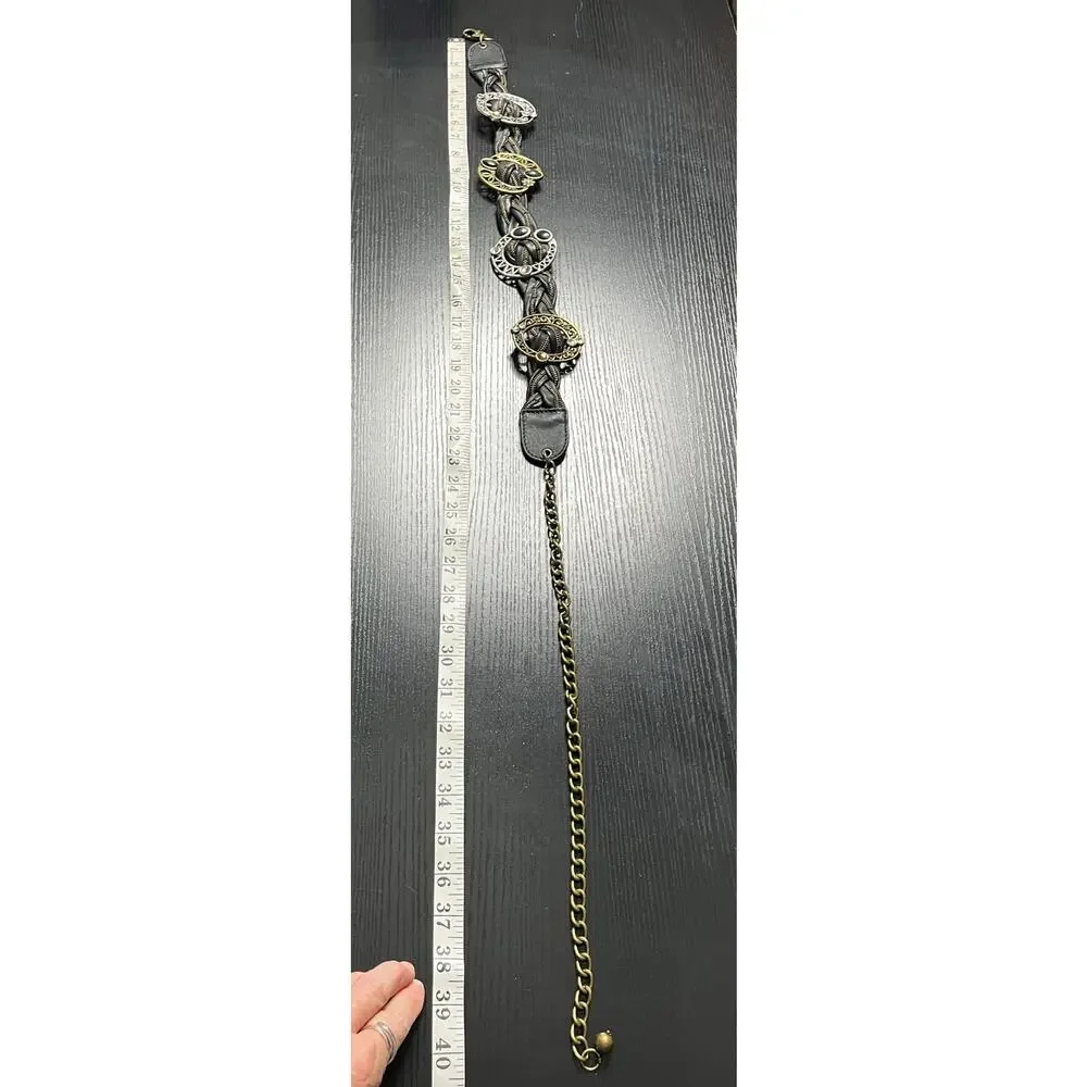 Unique Retro Glam Braided Polyurethane and Metal Medallion Belt